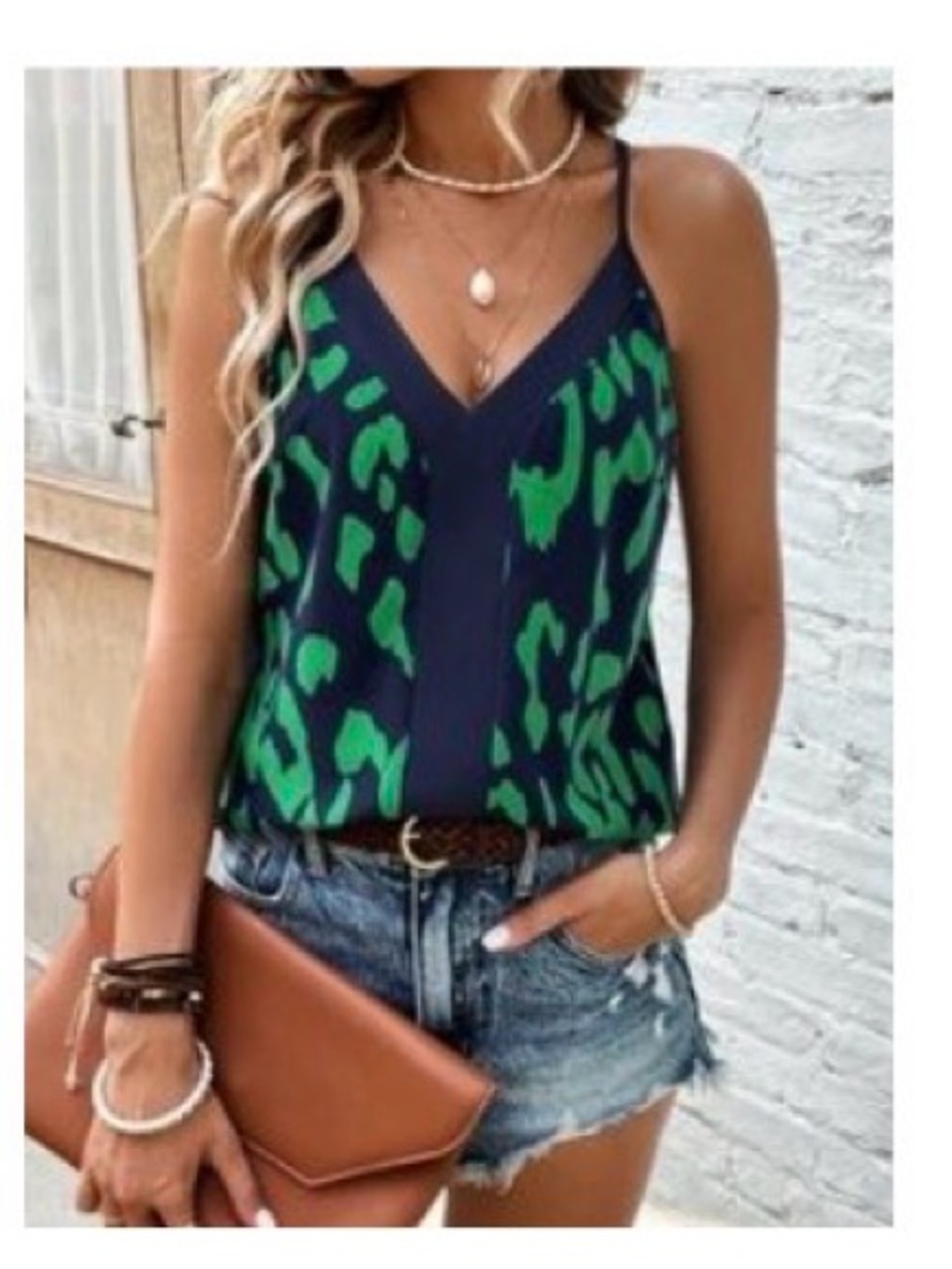 NWOT Green & Navy V-Neck Leopard Print Cami Top - Women's